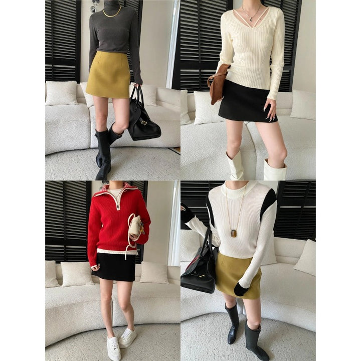Damen elegantes Oberteil mit hohem Kragen und figurbetontem Schnitt Drune