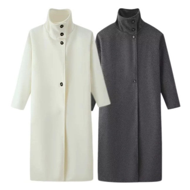 Damen 300+ langer minimalistischer Wollmix‑Mantel mit Stehkragen und verdeckter Knopfleiste Drune