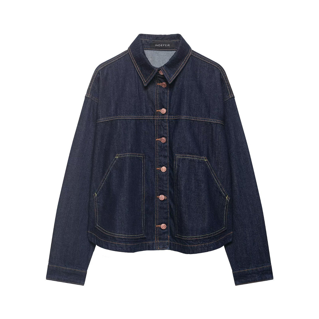 Damen Boxy Cropped Denim-Workerjacke mit großen aufgesetzten Fronttaschen Drune