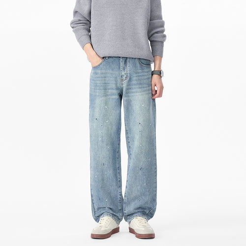 Herren Weite Relaxed-Fit Denimhose mit Paint‑Splatter und Used‑Effekt Drune
