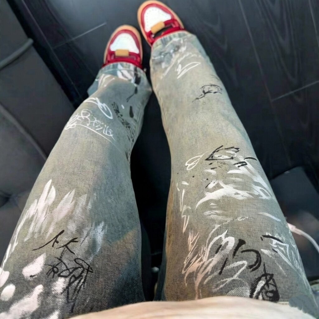Damen Modische Ripped Skinny Jeans mit kreativen Grafiken Drune