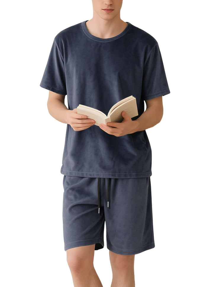 Herren nan Samtvelours Lounge-Set mit Rundhals-Kurzarmshirt und Kordelshorts Drune