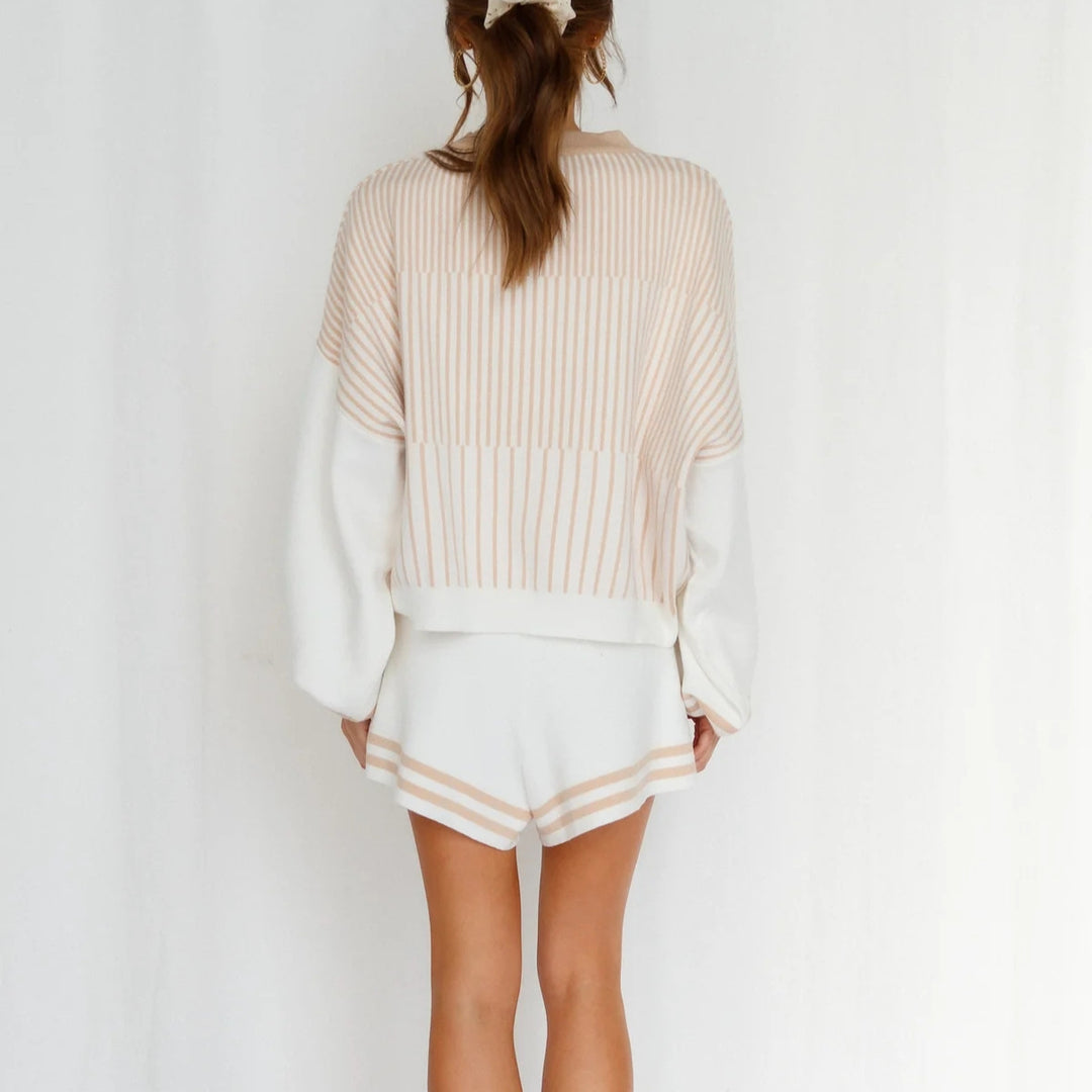 Damen nan fein gestreiftes Strick-Relax-Set mit weitem Fledermausärmel-Pullover und elastischer Taillen-Shorts Drune
