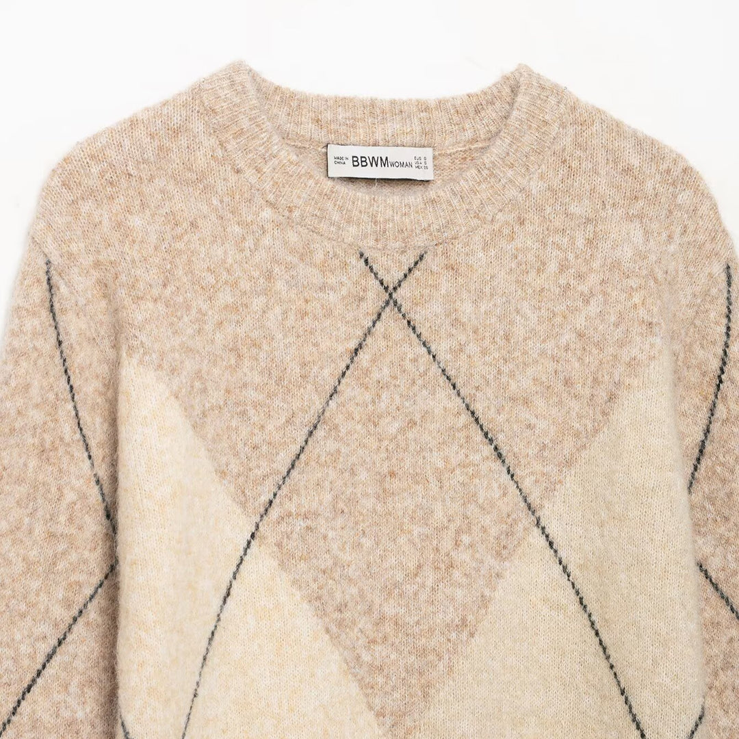 Damen Argyle-Pullover aus Wollmix mit weichem Flor und kastiger Cropped-Silhouette Drune