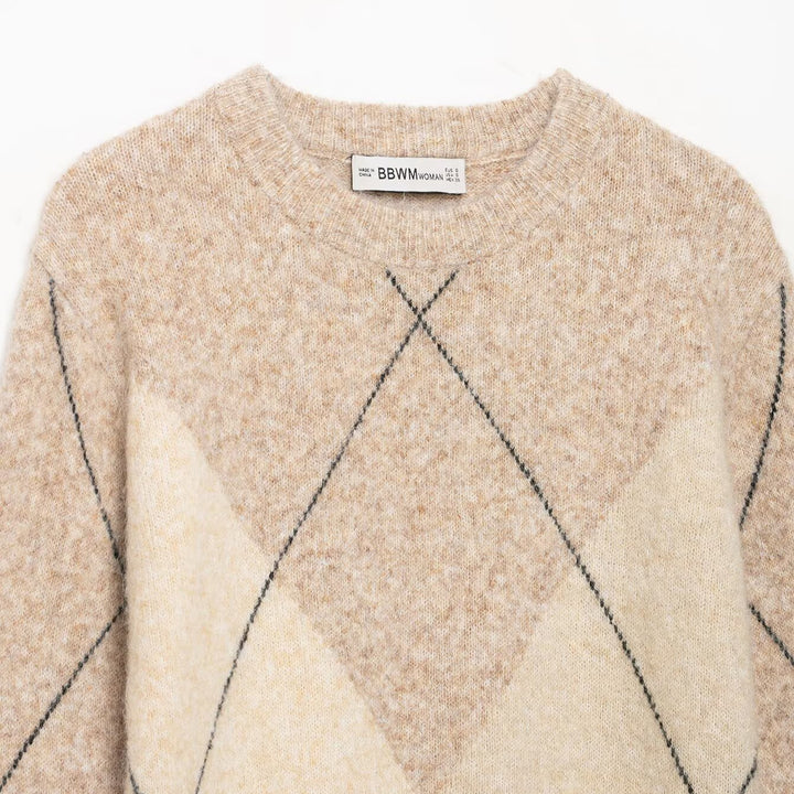 Damen Argyle-Pullover aus Wollmix mit weichem Flor und kastiger Cropped-Silhouette Drune