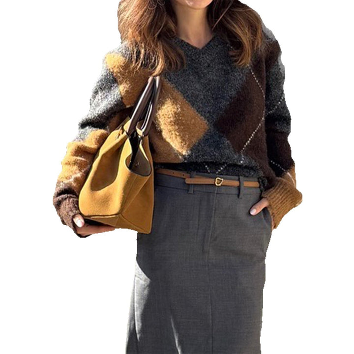 Damen nan oversized Argyle-Strickpullover mit kastigem Schnitt und geripptem Rundhalsausschnitt Drune