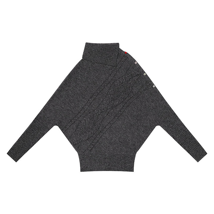 Damen Oversize-Pullover mit Rollkragen, asymmetrischer Schulter-Knopfleiste und Zopfstrick-Details Drune