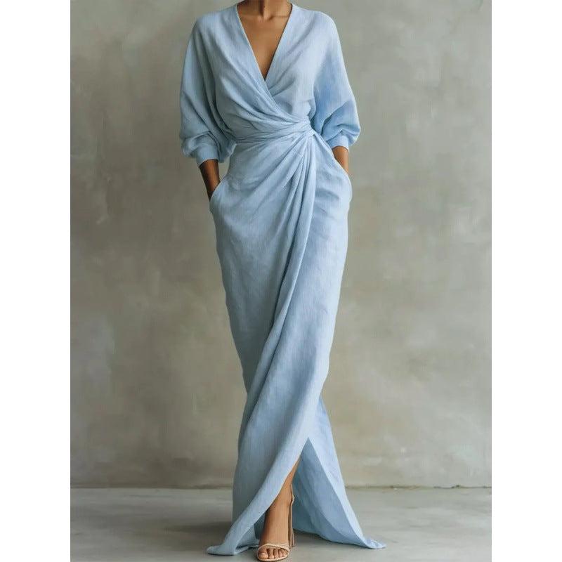 Damen Drapiertes Wickel-Maxikleid mit tiefem V-Ausschnitt, Taillen-Twist und Eingrifftaschen Drune