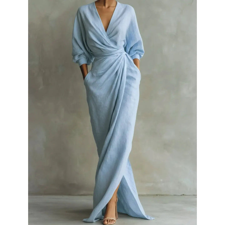 Damen Drapiertes Wickel-Maxikleid mit tiefem V-Ausschnitt, Taillen-Twist und Eingrifftaschen Drune