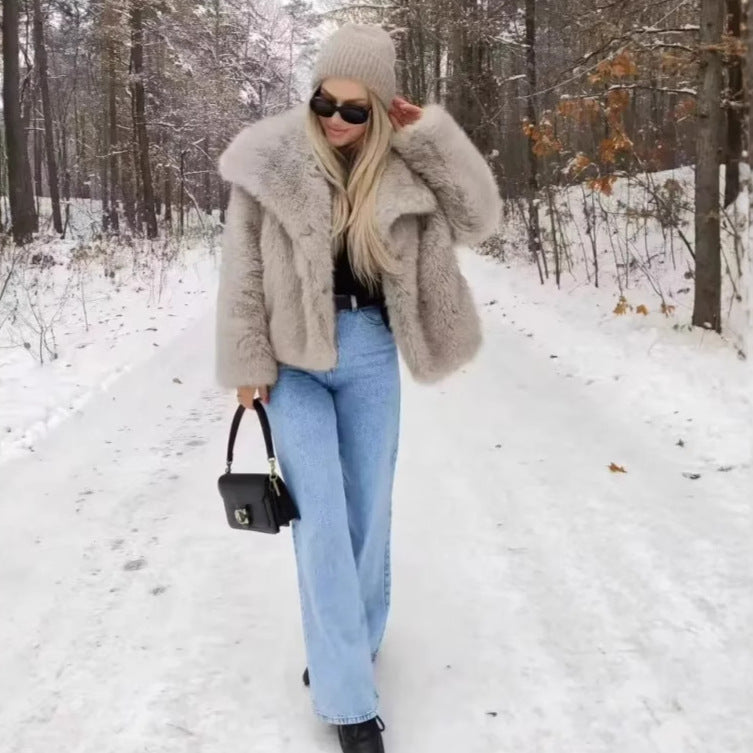 Damen nan cropped Oversize Kunstfelljacke mit voluminösem Schalkragen und innenliegendem Thermofutter Drune