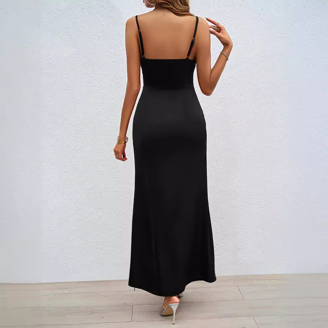 Damen Elegantes Satin Maxikleid mit hohem Beinschlitz und Spaghettiträgern Drune