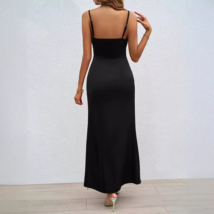 Damen Elegantes Satin Maxikleid mit hohem Beinschlitz und Spaghettiträgern Drune