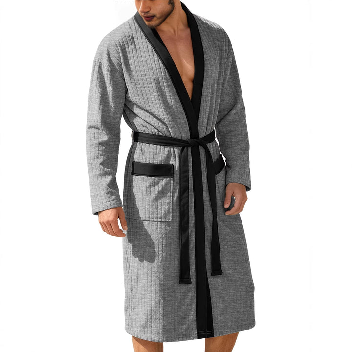 Herren nan wadenlanger Rippen-Bademantel im Kimono-Stil mit Schalkragen und Kontrastpaspel Drune