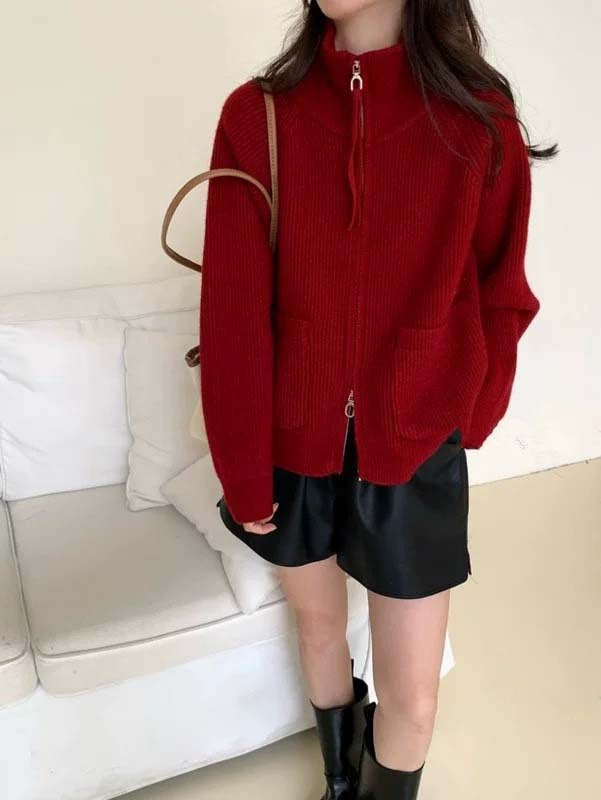 Damen Hochwertiger Strickjacke mit Reißverschluss Drune