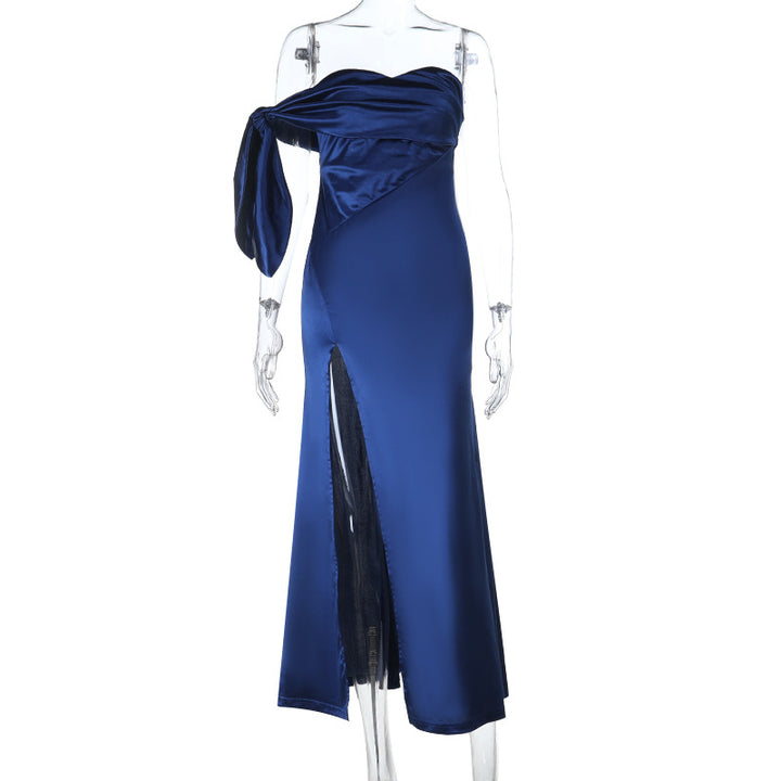 Damen Asymmetrisches Abendkleid mit elegantem Schlitz und dekorativem Überwurf Drune
