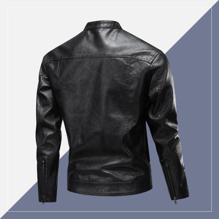 Herren Lederimitat-Bikerjacke mit Stehkragen, schmaler Passform & diagonalen Reißverschlusstaschen Drune