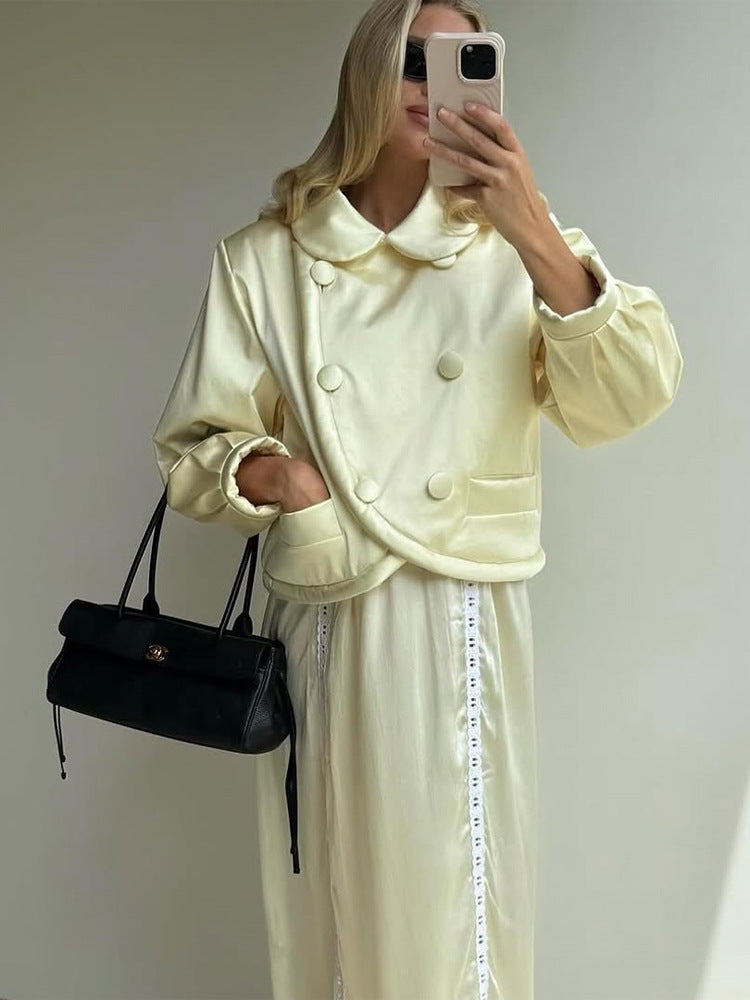 Damen Kurzgeschnittene gesteppte Jacke mit asymmetrischer Doppelknopfreihe und voluminösen Ärmeln Drune