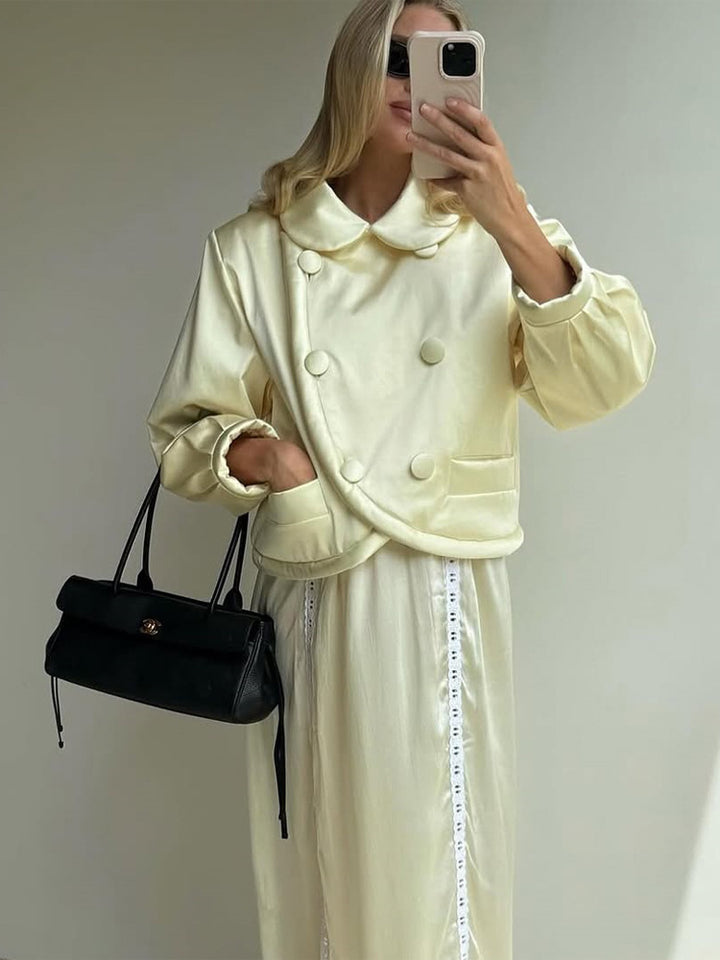 Damen Kurzgeschnittene gesteppte Jacke mit asymmetrischer Doppelknopfreihe und voluminösen Ärmeln Drune
