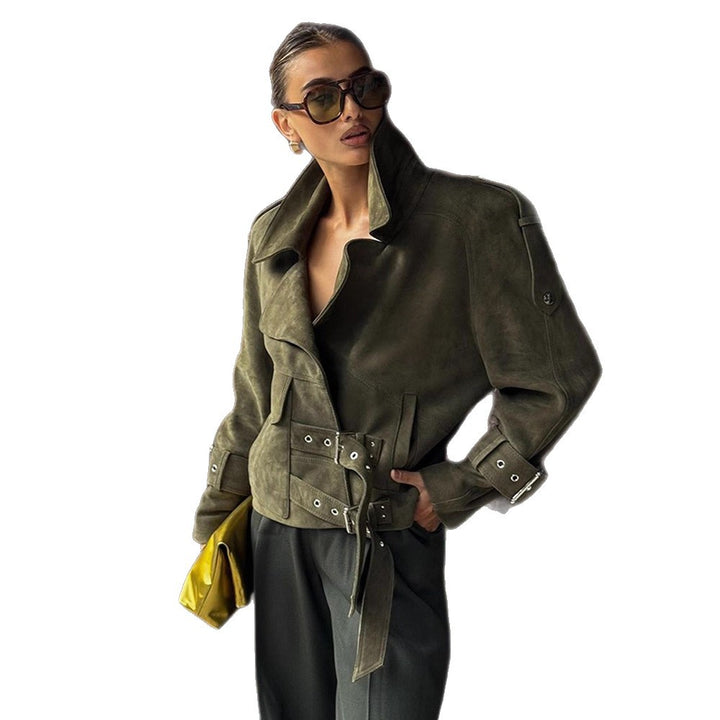 Damen Kurzjacke aus Veloursleder-Optik mit Taillengürtel, Schnallen & Oversize-Kragen Drune