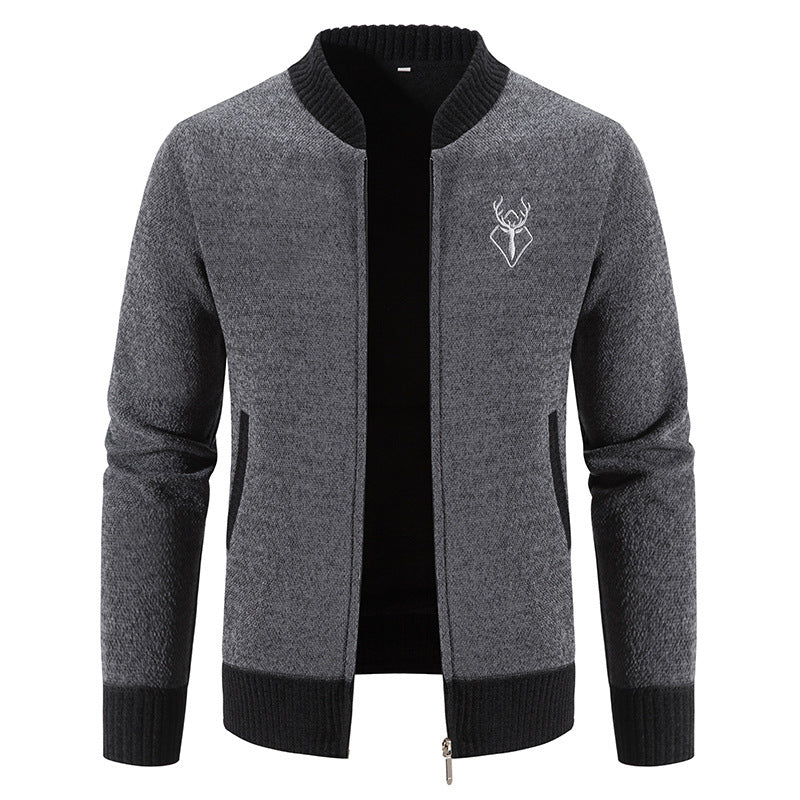 Herren nan lässiger Zip-Strickblouson mit weichem Thermofutter, geripptem Stehkragen und Hirsch-Logo Drune