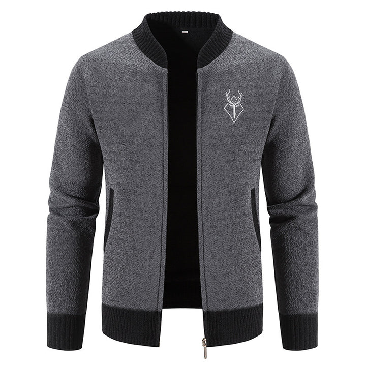 Herren nan lässiger Zip-Strickblouson mit weichem Thermofutter, geripptem Stehkragen und Hirsch-Logo Drune