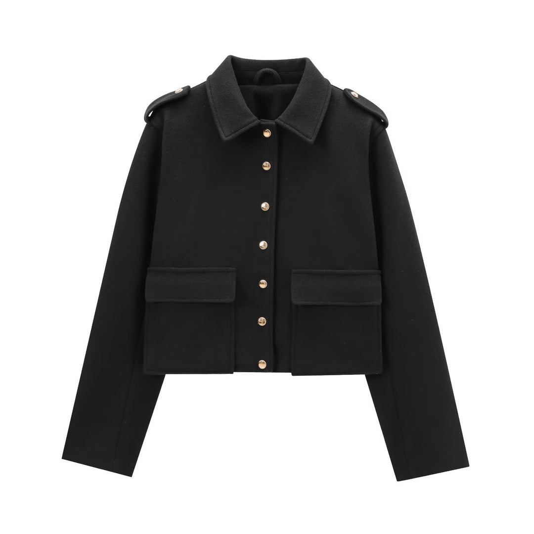 Damen moderne cropped Jacke mit goldenen Druckknöpfen Drune