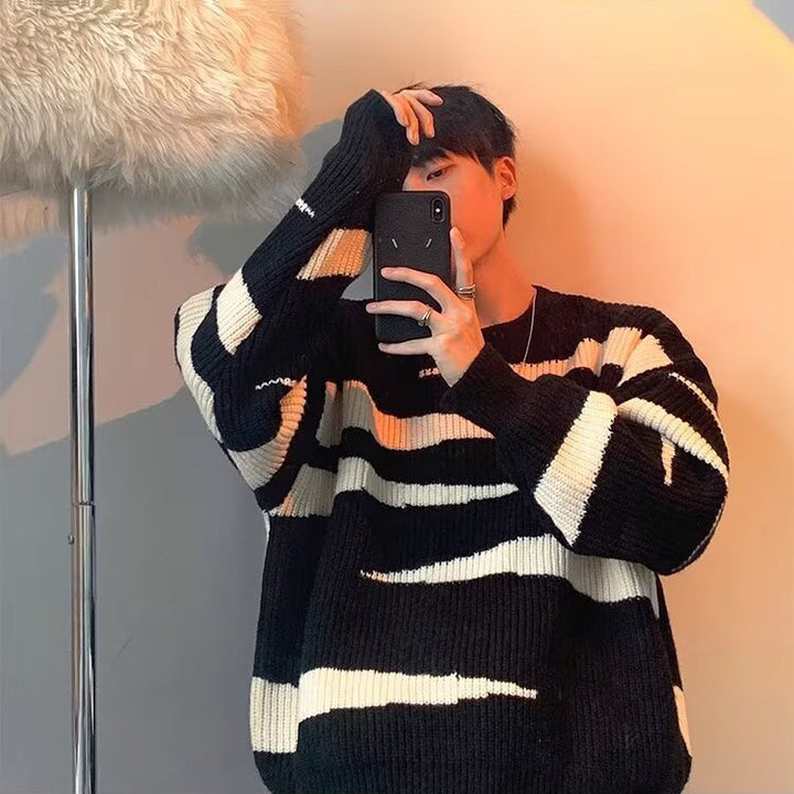 Herren Lässiger Grobstrickpullover mit Streifen Drune