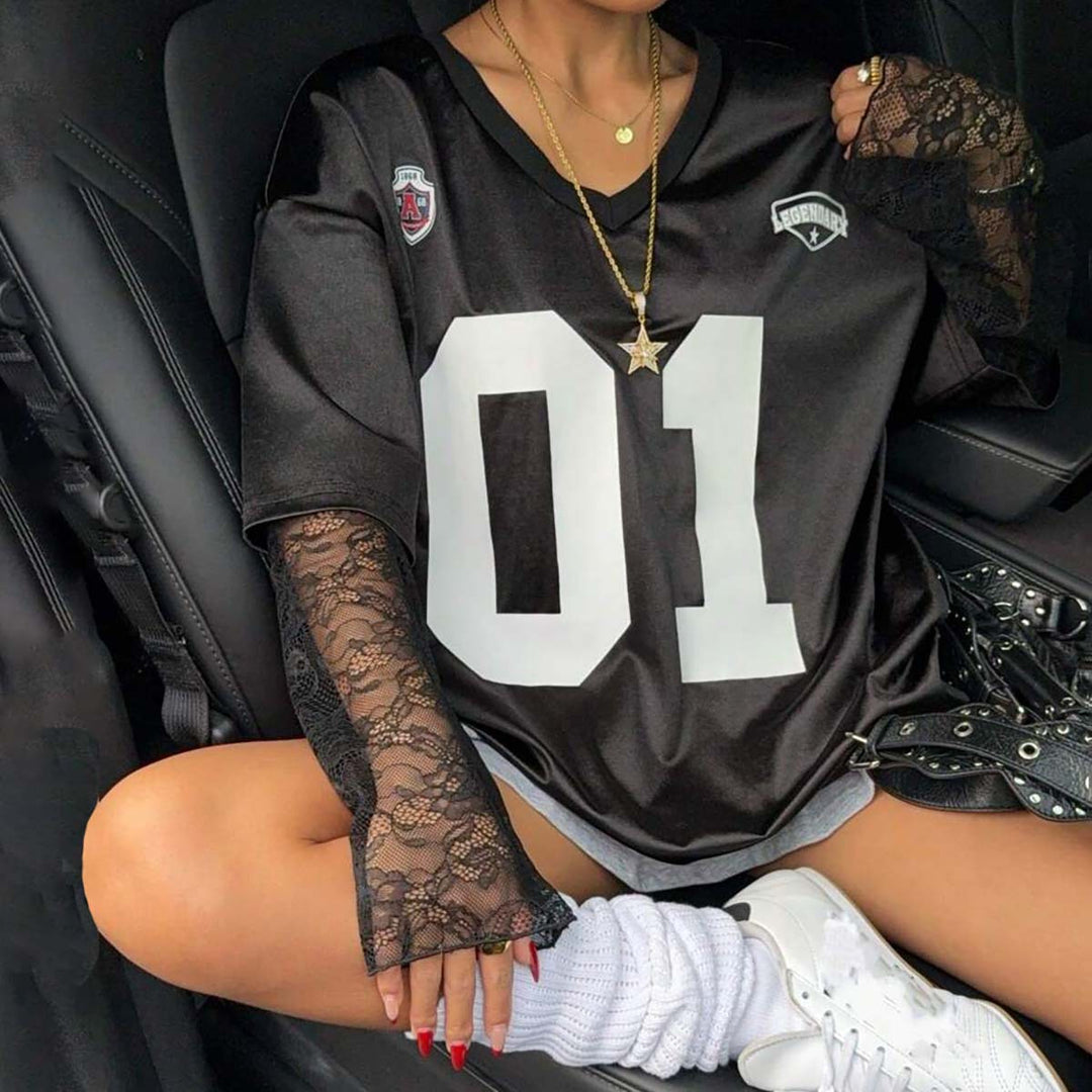 Damen Streetstyle Oversized T-Shirt mit Lace-Ärmeln Drune