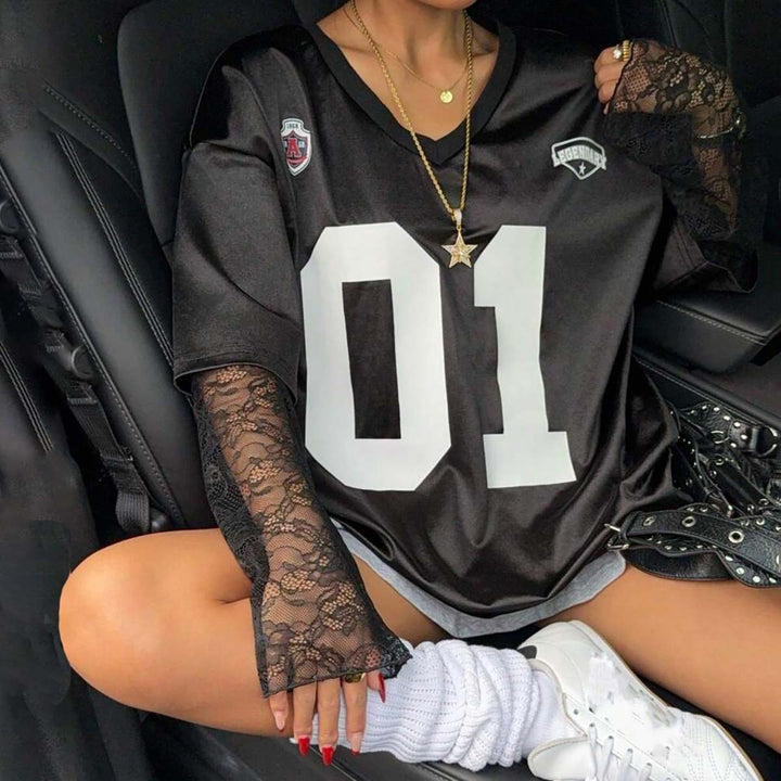Damen Streetstyle Oversized T-Shirt mit Lace-Ärmeln Drune