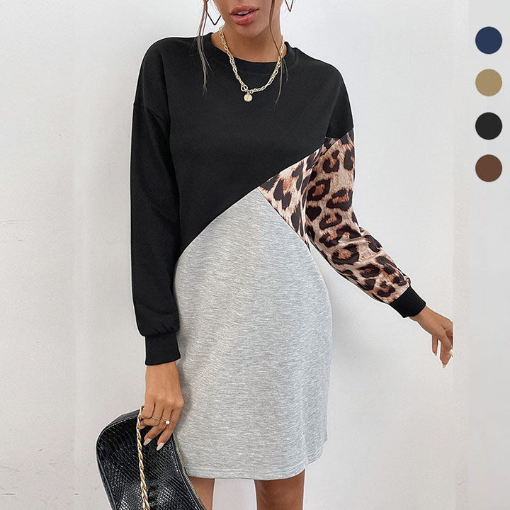Damen Oversize-Sweatkleid mit Colorblock-Design und Leopardenärmeln Drune