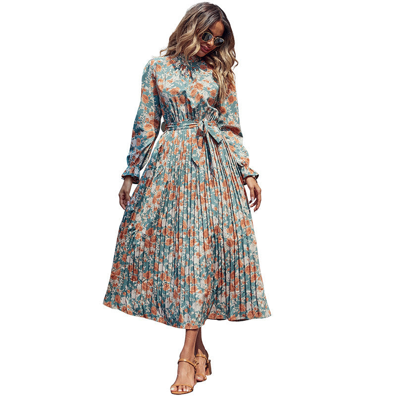 Damen Elegantes Plisseekleid mit Blumenprint, Raffung am Kragen und Bindegürtel Drune