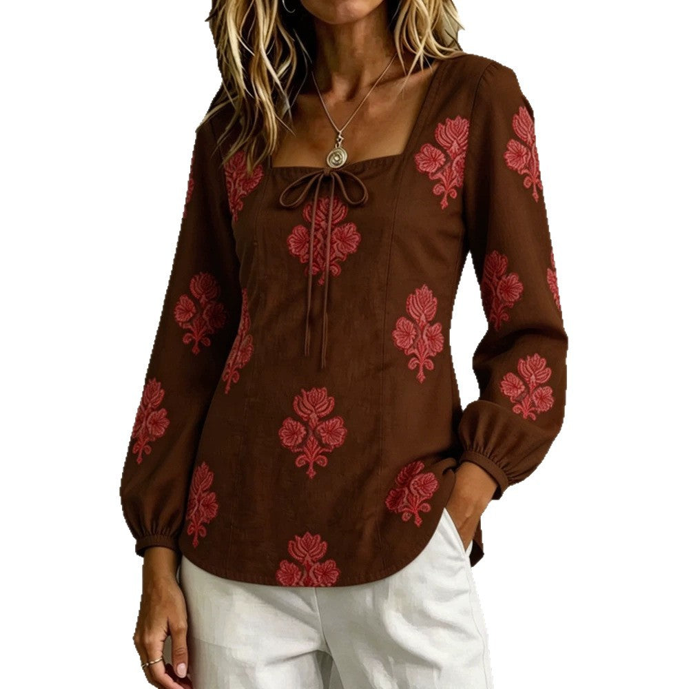 Damen Bestickte Tunika-Bluse mit quadratischem Ausschnitt und femininen Ballonärmeln Drune