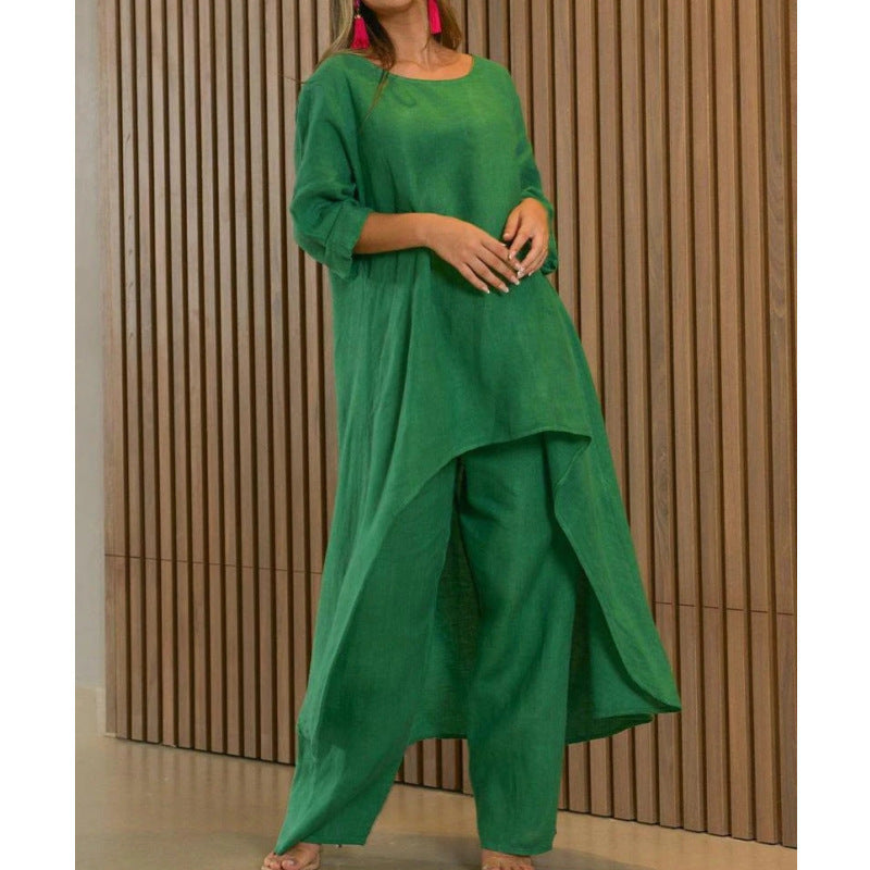 Damen Lässiges Leinenoptik-Zweiteiler mit asymmetrischer Long-Tunika und weitem Palazzo-Hose Drune