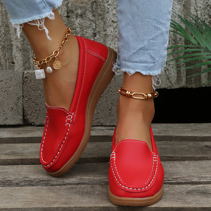 Damen lässige Slip-On Loafer mit ergonomischer Keilsohle, gepolstertem Komfortfußbett und dekorativer Kontrastnaht Drune