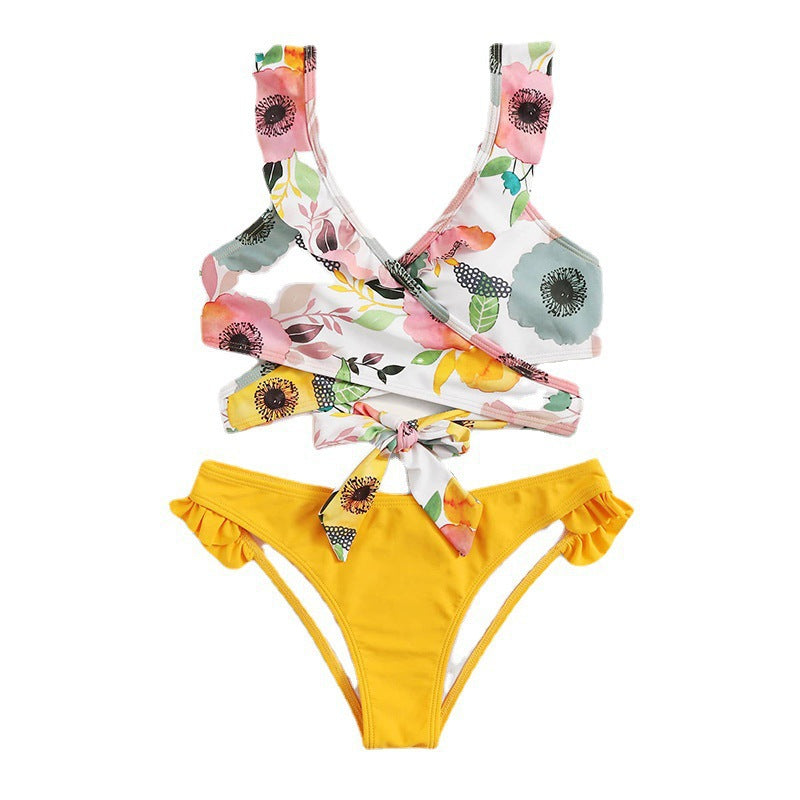 Damen Zweiteiliges Blumen-Bikini-Set mit tailliertem Oberteil und Rüschenslip Drune