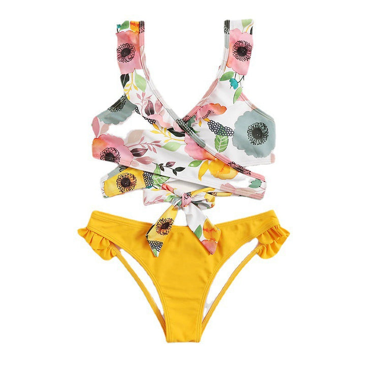 Damen Zweiteiliges Blumen-Bikini-Set mit tailliertem Oberteil und Rüschenslip Drune