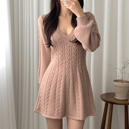 Damen Strickkleid mit V-Ausschnitt und ärmellosem Design Drune