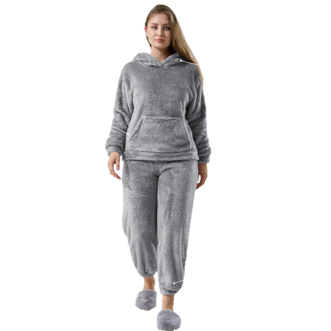 Damen Kuscheliges Teddy-Fleece Lounge-Set mit Kapuze und Kängurutasche Drune