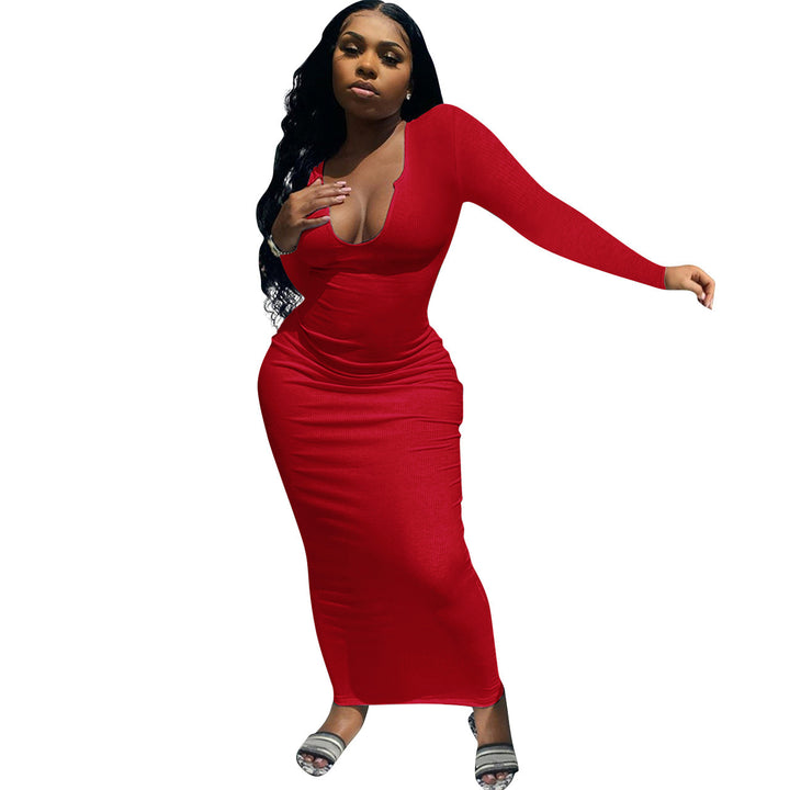 Damen Figurbetontes Rippenstrick-Maxikleid mit tiefem U-Ausschnitt und langen Ärmeln Drune