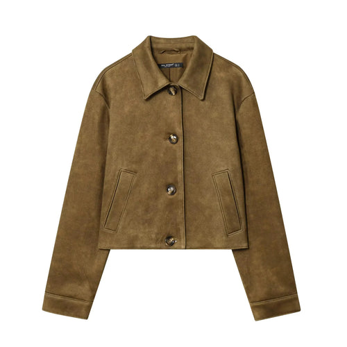 Damen nan kurzgeschnittene Veloursimitat-Übergangsjacke mit Hemdkragen und verdeckter Knopfleiste Drune