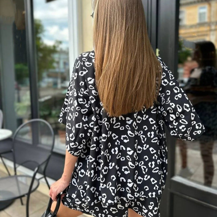 Damen Set aus luftigem Oberteil und Shorts mit animalischem Muster Drune