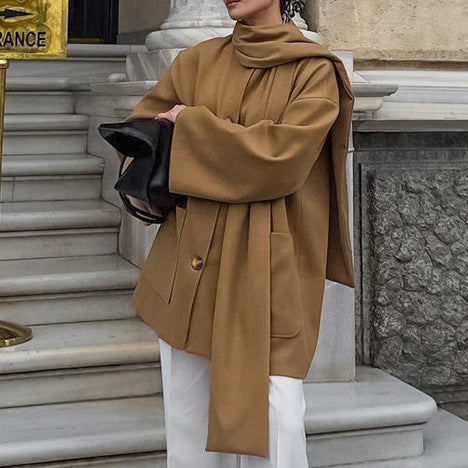 Damen modische Oversized-Jacke mit Schal und praktischen Taschen Drune