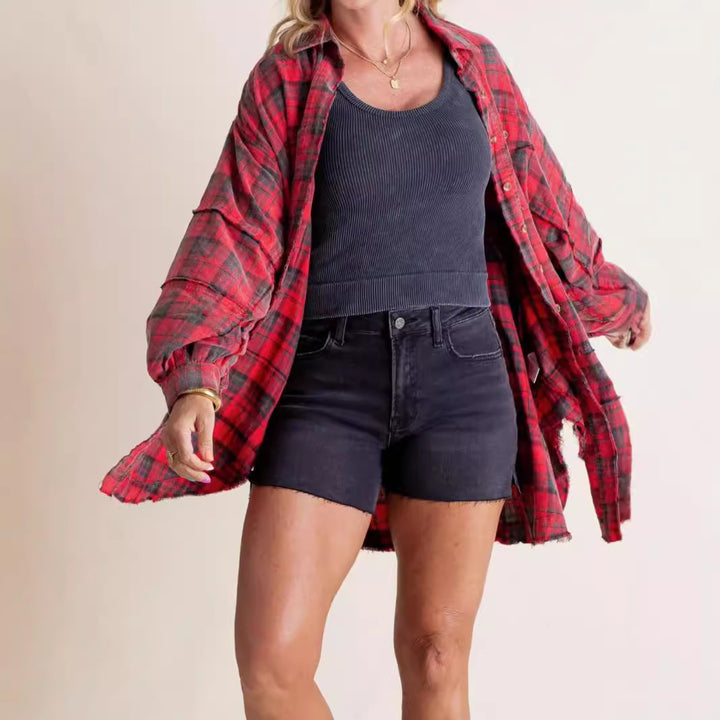 Damen nan oversized Karo-Überhemd mit Fransenbesatz, Brusttaschen und lockerer Passform Drune