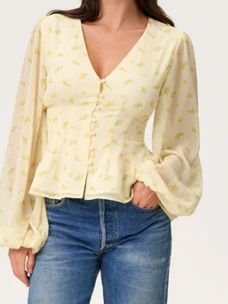 Damen Jacquard-Spitzenbluse mit tailliertem Schößchen und Ballonärmeln Drune