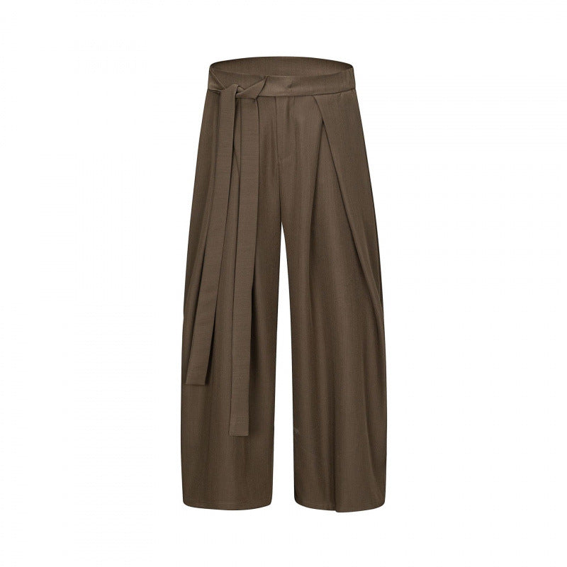 Damen Weite Culotte-Hose mit hoher Taille, Bundfalten und Bindegürtel Drune