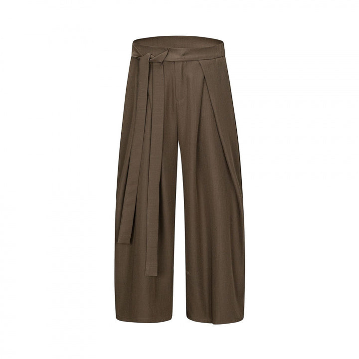 Damen Weite Culotte-Hose mit hoher Taille, Bundfalten und Bindegürtel Drune