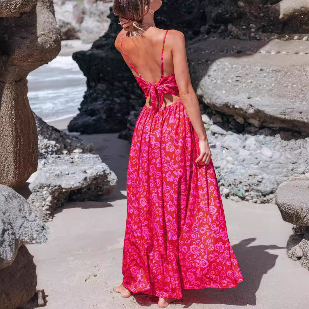 Damen Maxikleid mit raffiniertem Knotendetail und floralen Designelementen Drune