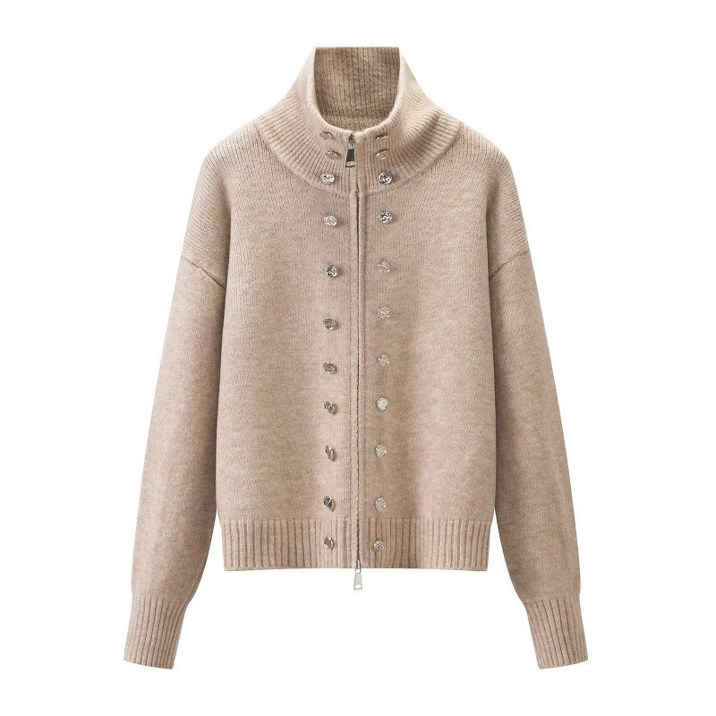 Damen Cropped Strickjacke mit hohem Stehkragen, Zierknopfleiste und Doppelreißverschluss Drune
