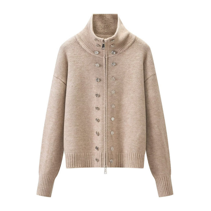 Damen Cropped Strickjacke mit hohem Stehkragen, Zierknopfleiste und Doppelreißverschluss Drune