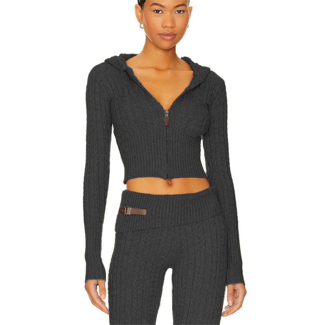 Damen Cropped Strickjacke mit Kapuze und hohem Kragen Drune